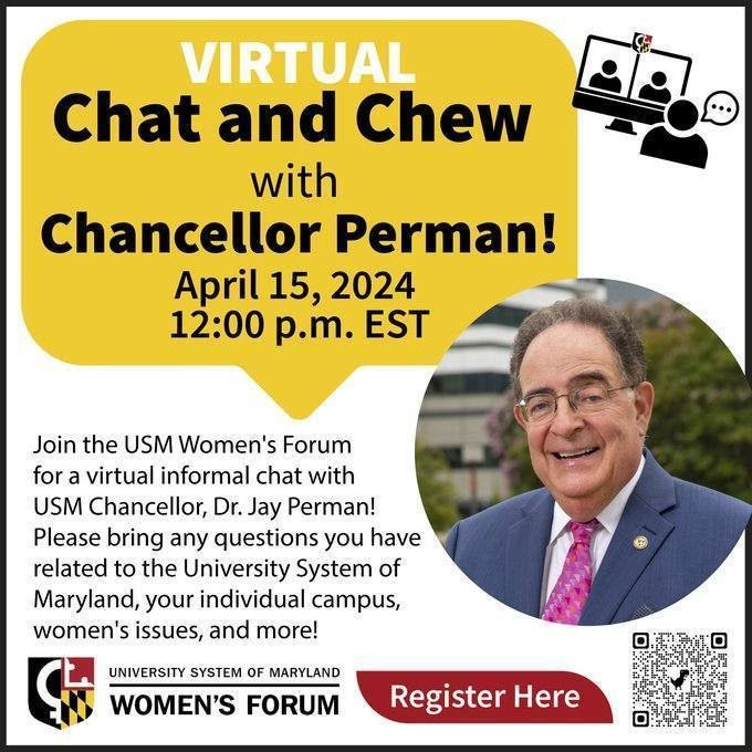 The @USMWomensForum Chat and Chew event with Chancellor @JayPerman! 🍴🗣️ Join us Monday, April 15th on zoom! 🔥 Submit your questions in advance to ensure we cover the topics that matter most! Register at the QR code below and submit your questions here: bit.ly/4aE0XFP