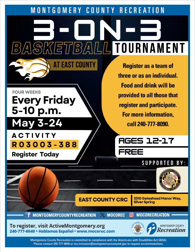 🏀Get ready for some 3-on-3 basketball!🏀 MCPD & @MoCoRec are hosting a free #basketball tournament! 🗓 Fridays, 05/03, 05/10, 05/17, 05/24 ⏱ 5-10 p.m. 📍 East County Community Recreation Center Registration➡ bit.ly/3VLOpYX #MCPNews #MCPD #CommunityEngagement