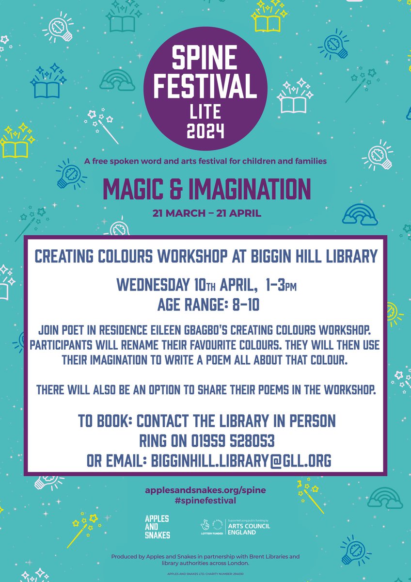 Our #SpineFestival Poet In Residence @EileenGbagbo is at #BigginHillLibrary next Wed 10/4/24 1-3pm & will be running a wonderful public event called ‘Creating Colour’. For 8-10s book by ringing the library, in person or by emailing the library: bigginhill.library@gll.org