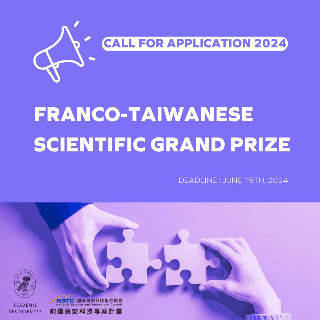 🏅The call for applications for the Franco-Taiwanese 2024 scientific prize is open! 
🎯 It aims at rewarding teams of French & Taiwanese researchers for their contribution to scientific research of interest to both regions 
ℹ️academie-sciences.fr/fr/Appel-a-can… 
#prixAcadSciences