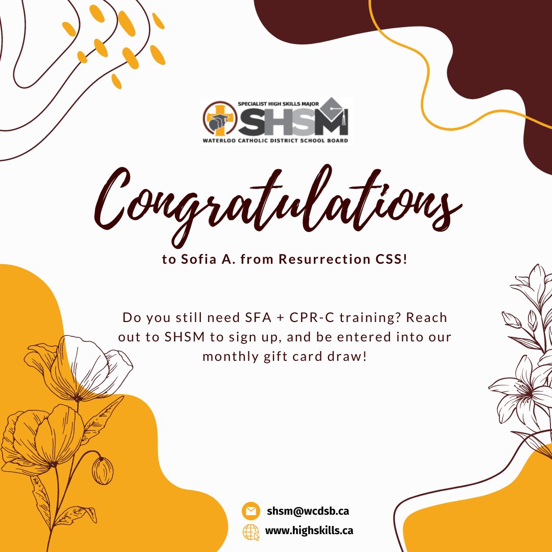 SHSM Waterloo Catholic (@shsm_wcdsb) on Twitter photo 🌟Another SHSM Gift Card Winner! 🏆
Congrats, Sofia, for taking the initiative to complete your mandatory Standard First Aid + CPR-C training on your own time! 🎉
For more info on how to be entered, email shsm@wcdsb.ca or visit highskills.ca✨ #WCDSBAwesome #SHSM 🌟Another SHSM Gift Card Winner! 🏆
Congrats, Sofia, for taking the initiative to complete your mandatory Standard First Aid + CPR-C training on your own time! 🎉
For more info on how to be entered, email shsm@wcdsb.ca or visit highskills.ca✨ #WCDSBAwesome #SHSM