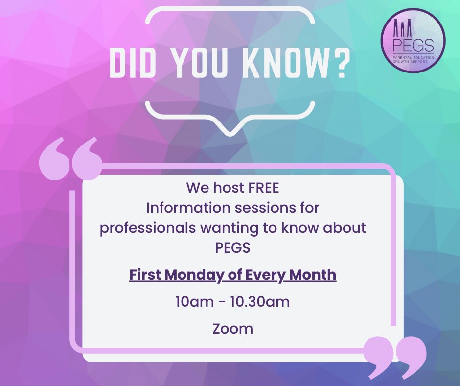 On the first Monday of every month at 10am a member of the PEGS team hosts a PEGS information session for professionals wanting to learn more about the support that we offer and how to refer: eventbrite.co.uk/e/656586567097…