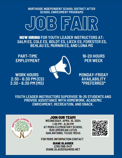 Come join our after school team! There is a job fair at Mora Elementary on April 10!