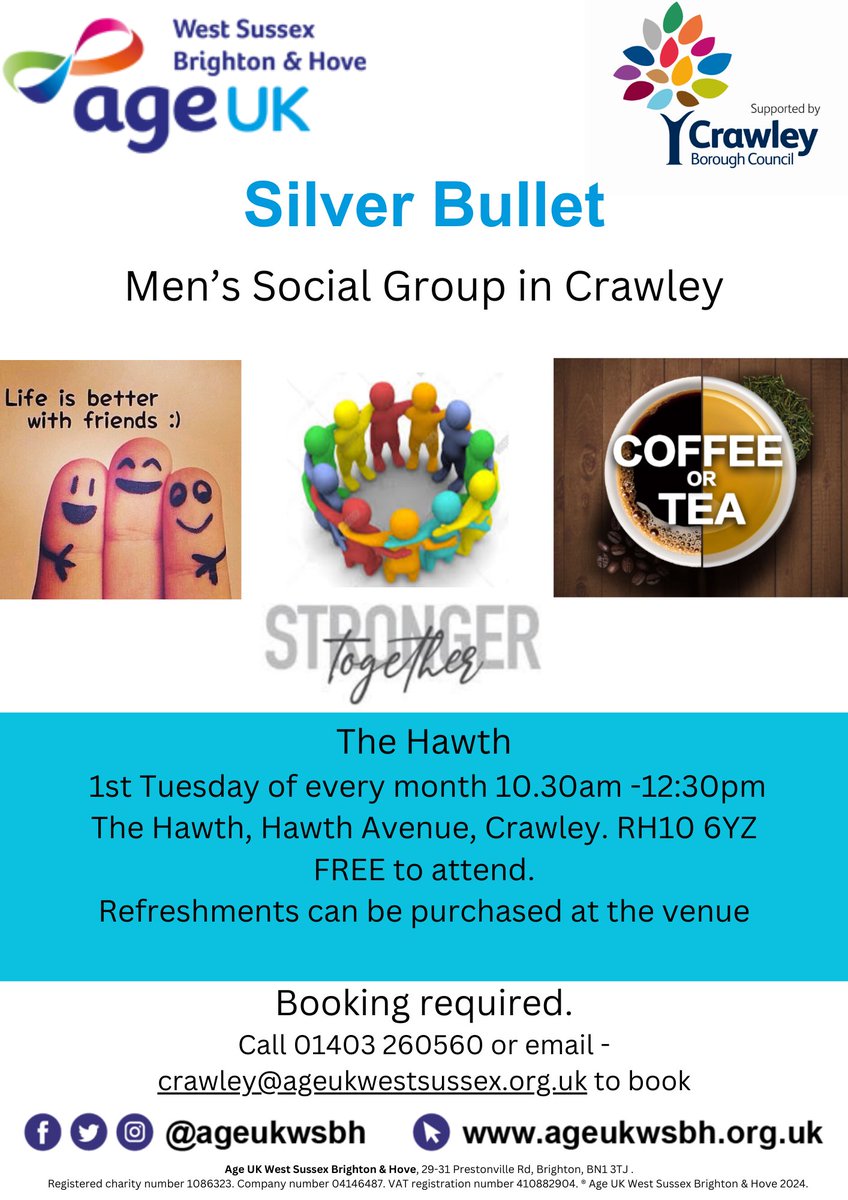 Age UK will be running a mens only social group at the Hawth on the first Tuesday of every month, starting on Tuesday 7th May 2024 from 10.30am to 12.30pm. Places are bookable only, see poster for details or you can contact Emma Finister (community agent) on 07857299185.