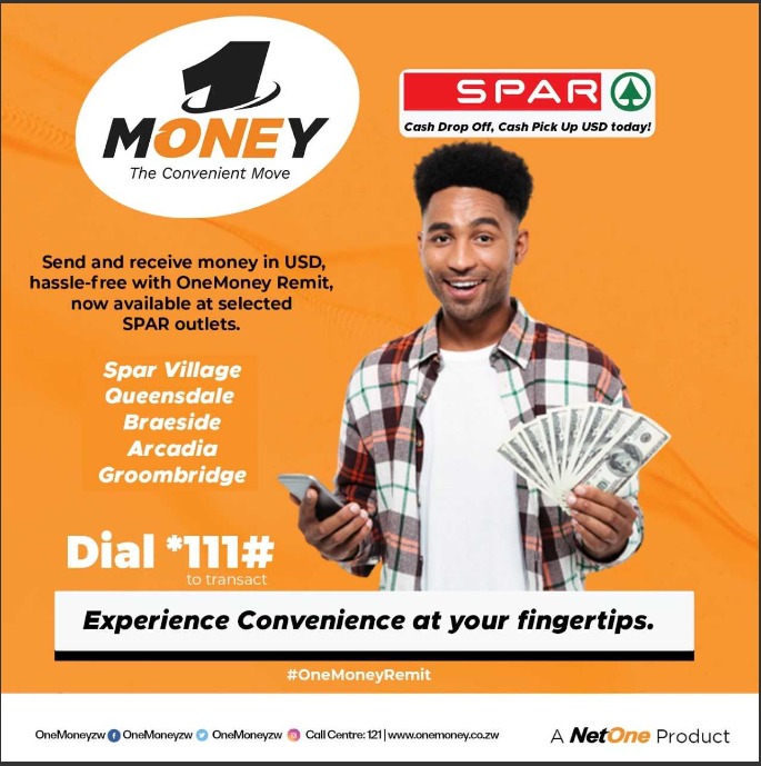 The Convenient Move! Send and receive money in USD, hassle-free with OneMoney Remit, now available at selected SPAR outlets. Dial *111# to transact! #OneMoneyRemit #NetOne #OneMoney #MunhuWeseKuNetOne Experience Convenience at your fingertips.