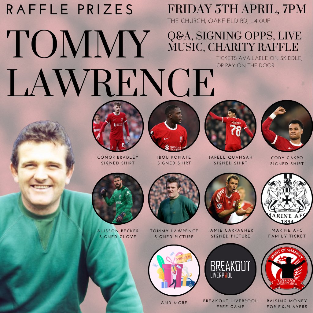 🚨 RAFFLE PRIZES 🚨 Signed #LFC Konate, Gakpo, Bradley, Quansah, Alisson, Carragher and Tommy Lawrence items... plus more prizes to be announced! Supporting @spiritofshankly's former players fund Only way to win is to come to the launch! TICKETS: skiddle.com/whats-on/Liver…