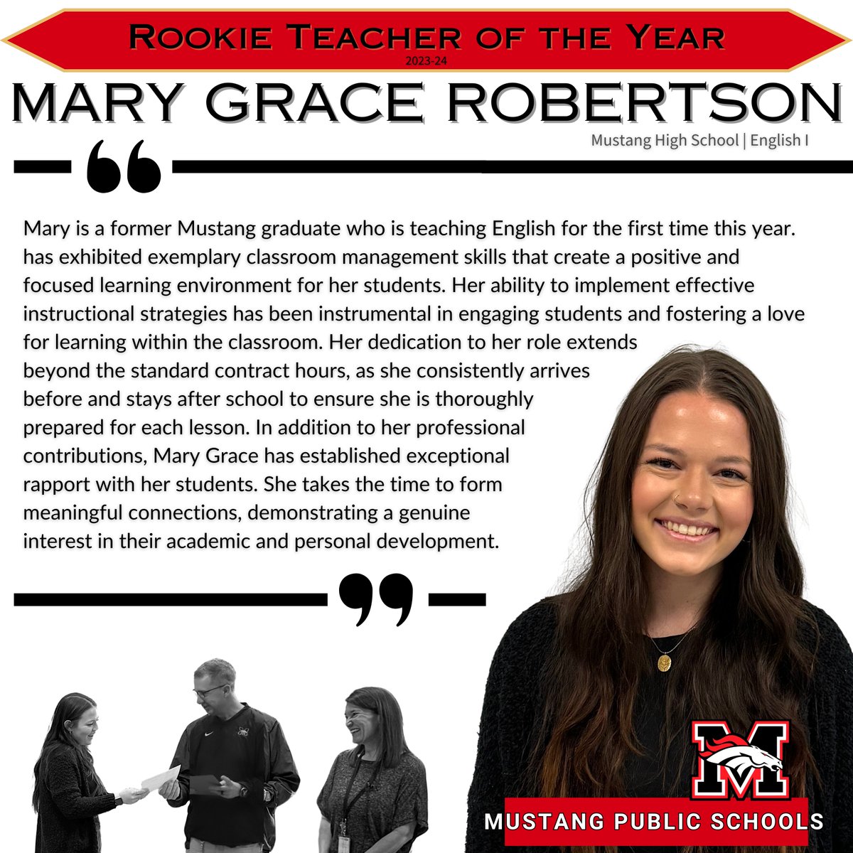 🍎Rounding out our Rookie Teacher of the Year honors is Mary Grace Robertson from Mustang HS!  With a focus on English, she embodies patience, creativity, and a deep commitment to student success. 📚  #RookieExcellence #BroncoPride #PPF #StaffSpotlight