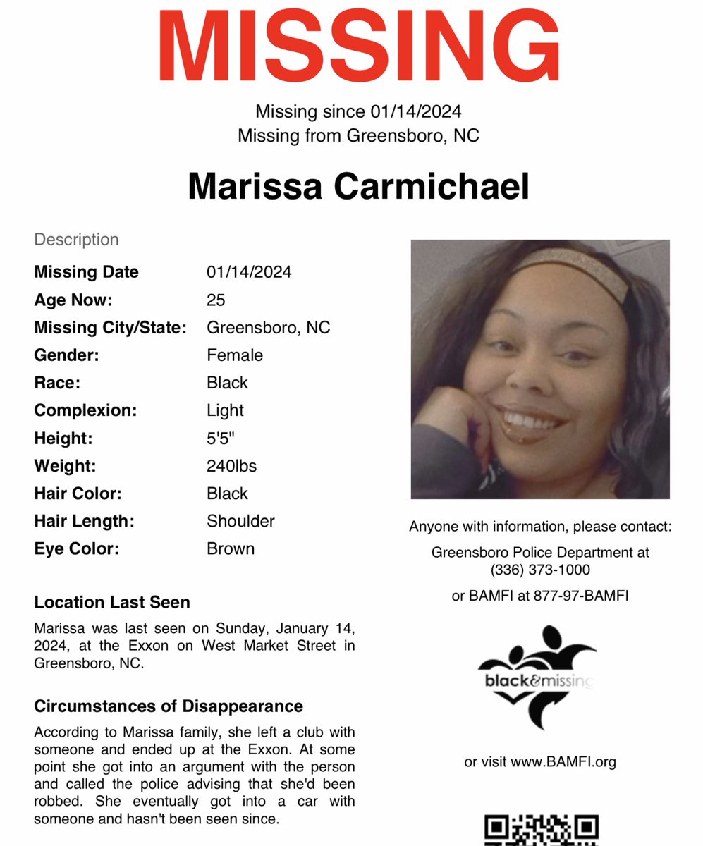 #Greensboro, #NorthCarolina: 25y/o Marissa Carmichael is STILL #missing. She was last seen on January 14, at the Exxon on West Market Street in Greensboro. Have you seen Marissa? #MarissaCarmichael