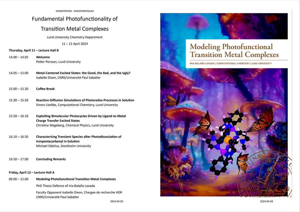 CompMatSciLU (@compmatscilu) on Twitter photo Welcome to the PhD-defence of <a href="/Irialized/">Iria Bolaño Losada</a> and associated Minisymposium on Photofunctional Transition Metal Complexes 11-12 April 2024 <a href="/lunduniversity/">Lund University</a> <a href="/QuantumPEC/">Quantum Photoelectrochemistry Group</a> Welcome to the PhD-defence of <a href="/Irialized/">Iria Bolaño Losada</a> and associated Minisymposium on Photofunctional Transition Metal Complexes 11-12 April 2024 <a href="/lunduniversity/">Lund University</a> <a href="/QuantumPEC/">Quantum Photoelectrochemistry Group</a>