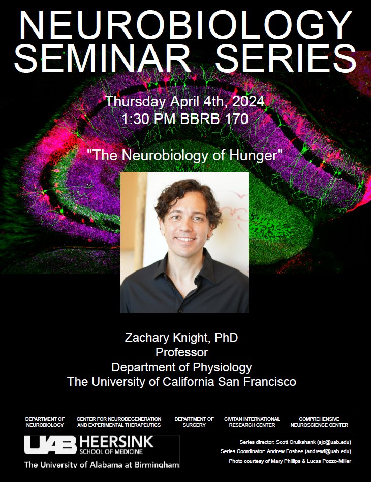 Today's @UNeurobiology seminar series will feature Dr. Zachary Knight (@zaknight), Professor of Physiology at UCSF and HHMI Investigator. Dr. Knight's presentation will focus on the Neurobiology of Hunger.