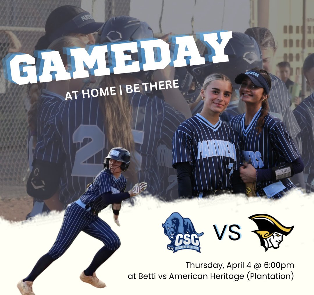 HOME GAMEDAY 

🆚 American Heritage Plantation
⏰ 6:00
📍 HOME | betti

📺 Gamechanger | Coral Springs Charter Varsity Softball