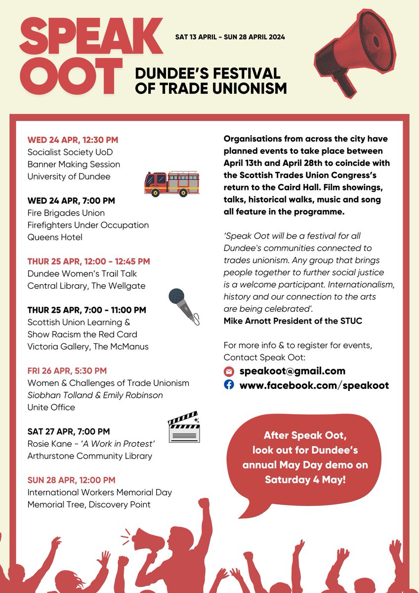 📢 Dundee Trades Council are hosting the city’s first ever festival of trade unionism this month, called ‘Speak Oot’ The programme kicks off ahead of #STUC24 on Saturday 13th April and includes film showings, talks, historical walks & music. Check out the full calendar here👇