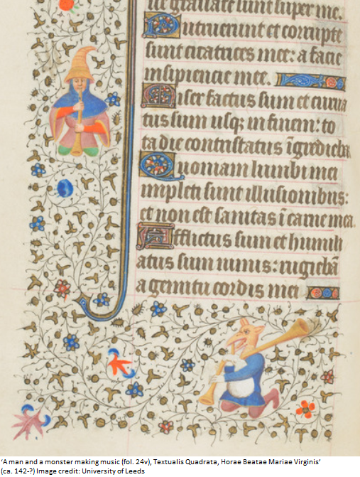We’re playing in harmony for today’s #music #OnlineArtExchange for @artukdotorg to celebrate Victorian Radicals at @BM_AG We love the jaunty figure ‘Blowing on the Bagpipes’ (@ExploreWellcome) as well as this monster having a go! Ah medieval manuscripts, you never let us down...