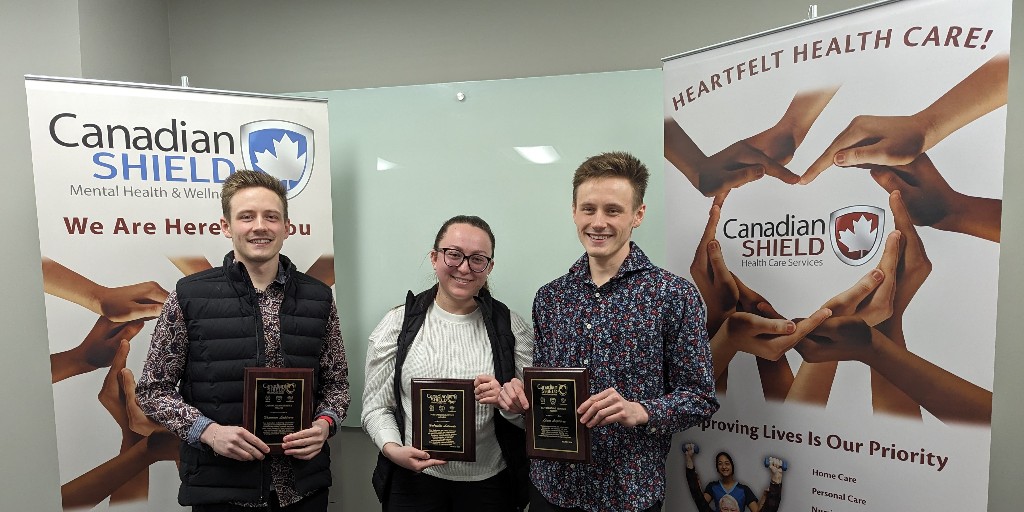 Bachelor of Science in Nursing students Brennan Lapierre, Gabrielle Lalonde and Liam Lapierre are among this year’s recipients of an Outstanding Service Award from Canadian Shield Health Care Services for their dedication to patients. 👏👏 #Nursing #HomeCare #CambrianCollege