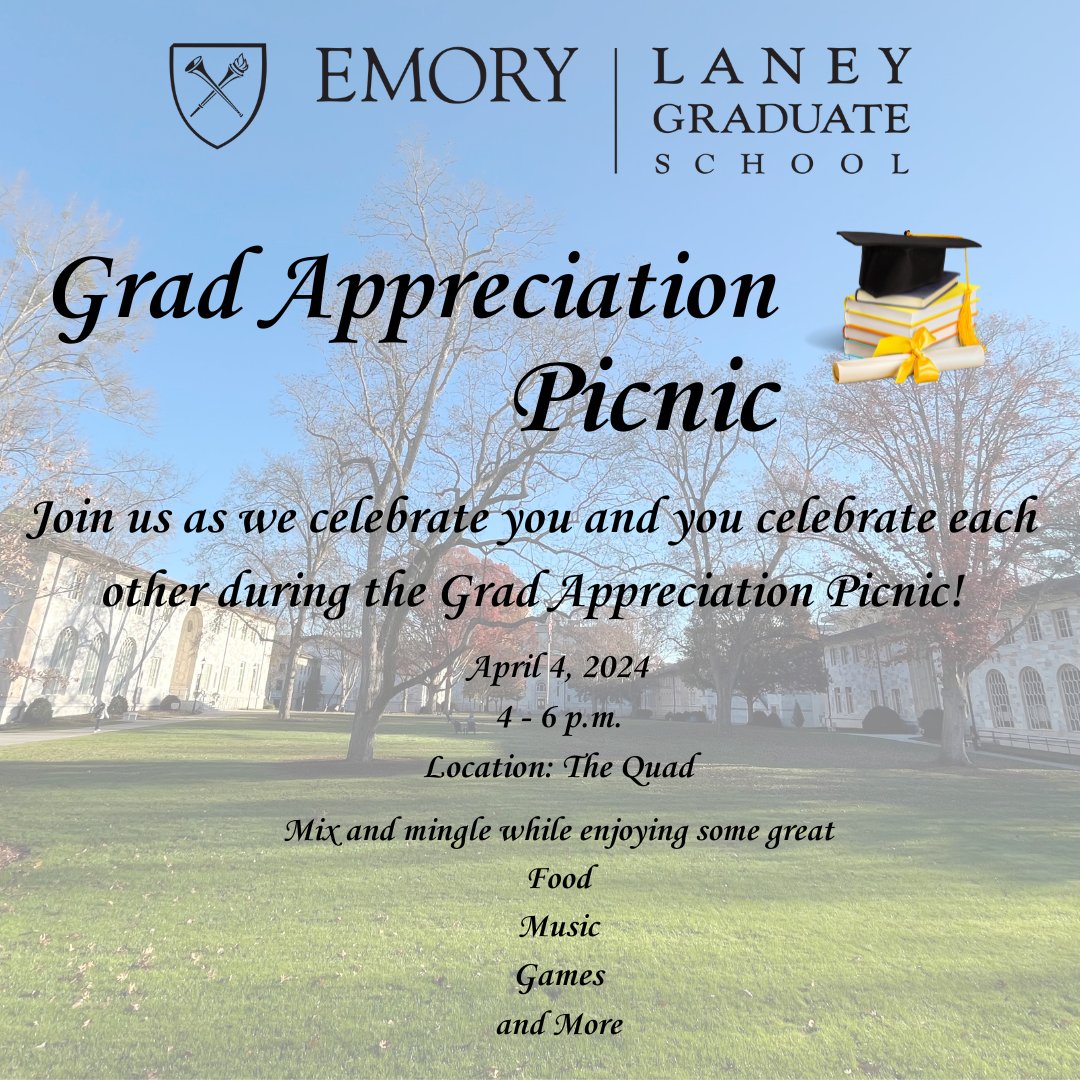 Happening in 1 hour! Join us for the Grad Student Appreciation Picnic from 4 - 6p on The Quad. Mix and mingle while enjoying some great food, music, games and more!