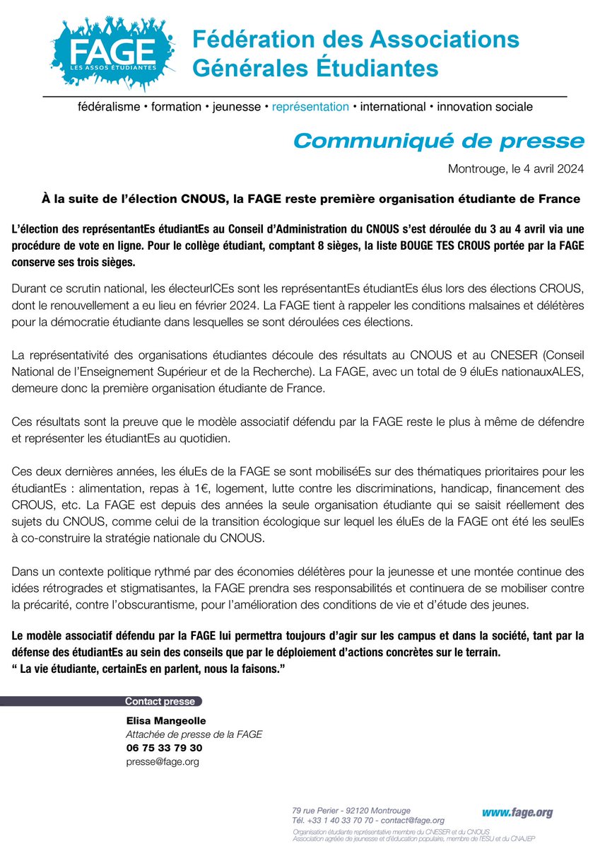 #CDP | Pour le collège étudiant du CNOUS, comptant 8 sièges, la liste BOUGE TES CROUS conserve ses 3 sièges. La représentativité des organisations découle des résultats au CNOUS et au CNESER. La FAGE, avec 9 éluEs nationauxALES, demeure la première organisation étudiante.