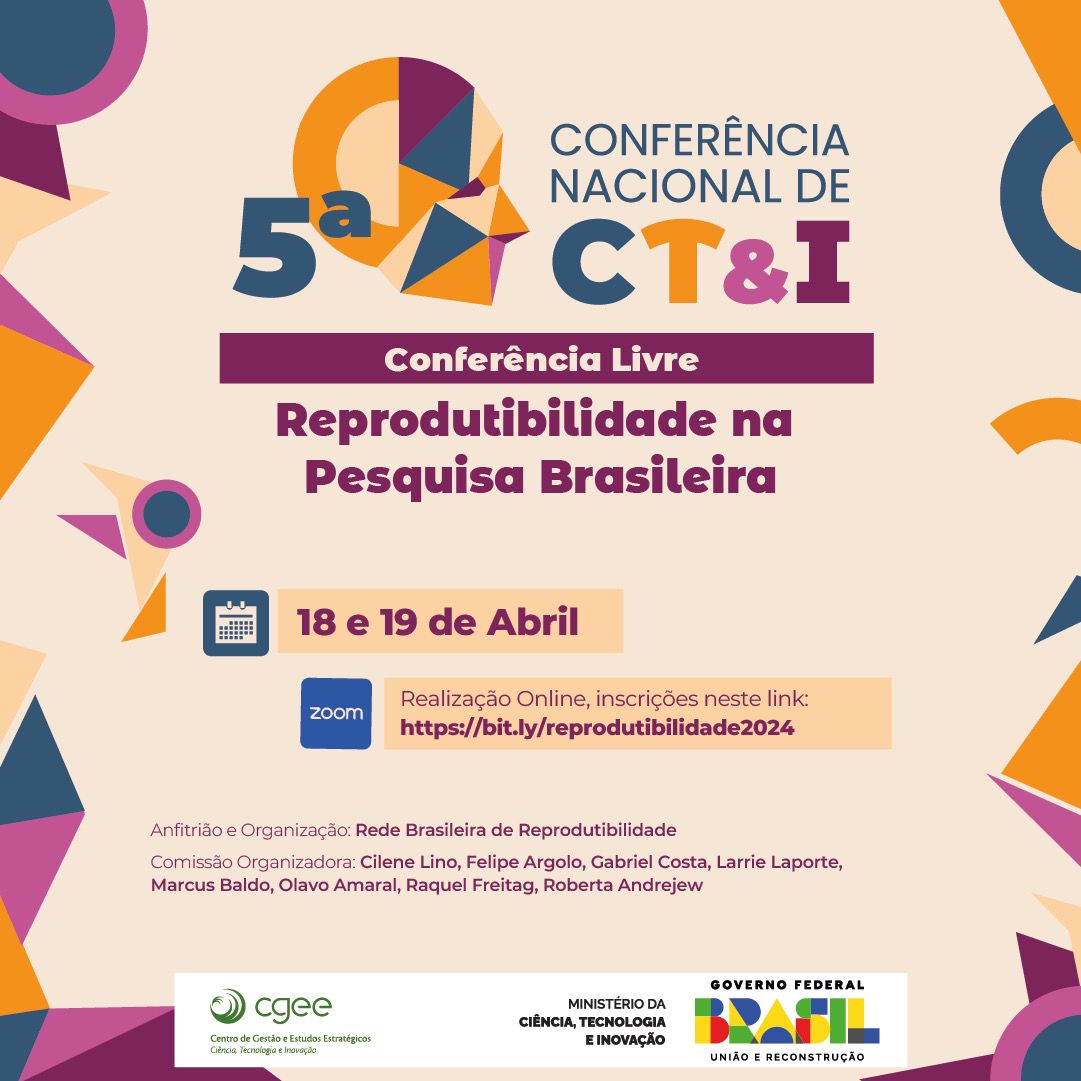 We are happy to announce our online conference on Reproducibility in Brazilian Research, which will happen on April 18-19, 9-13h Brasília (12-15h GMT) (in Portuguese) at bit.ly/reprodutibilid…. Please see the thread for the full program! 👇