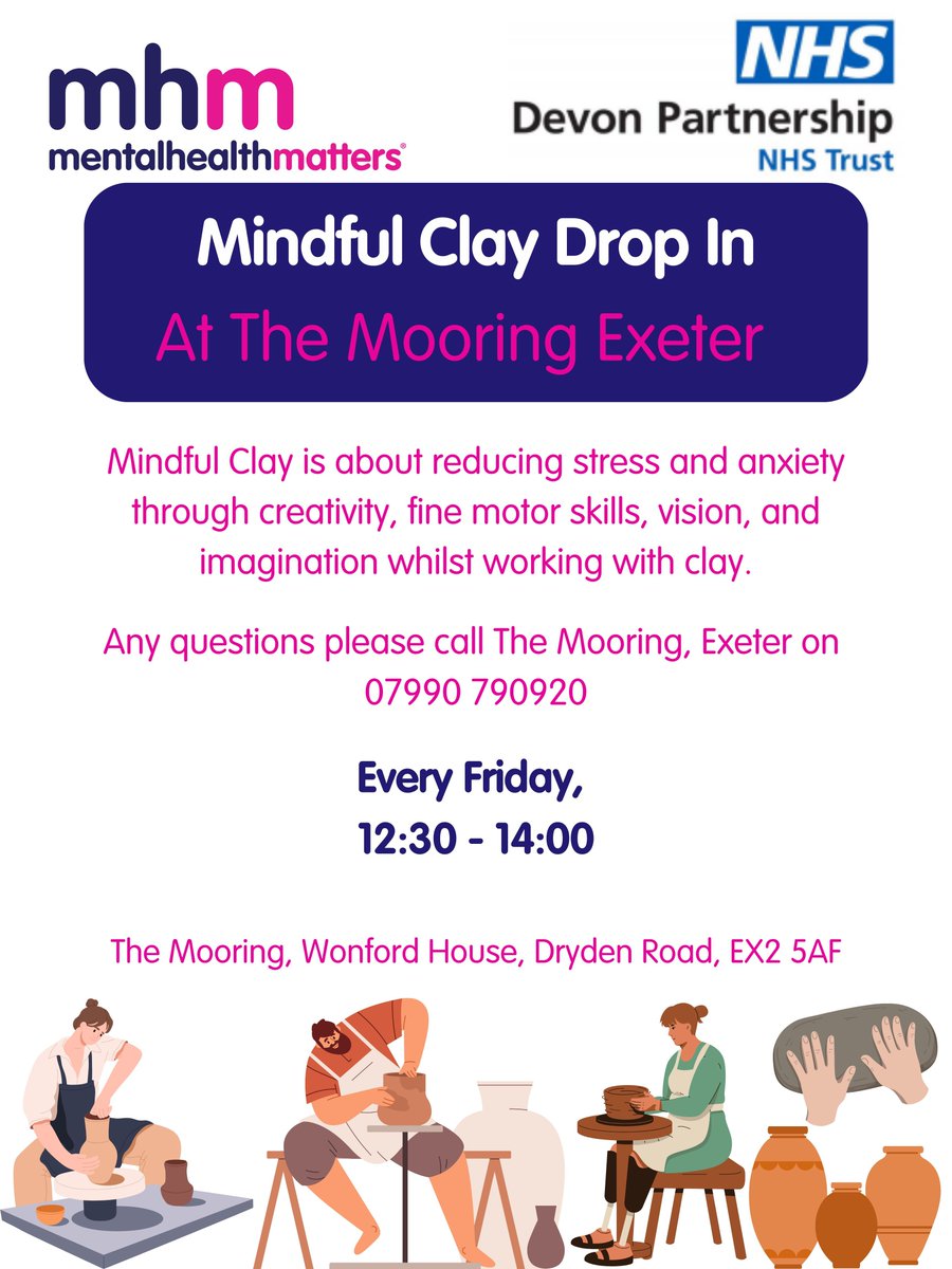 Mindful Clay drop-in - reducing stress and anxiety through creativity. Every Friday at The Mooring, 12.30-2pm.