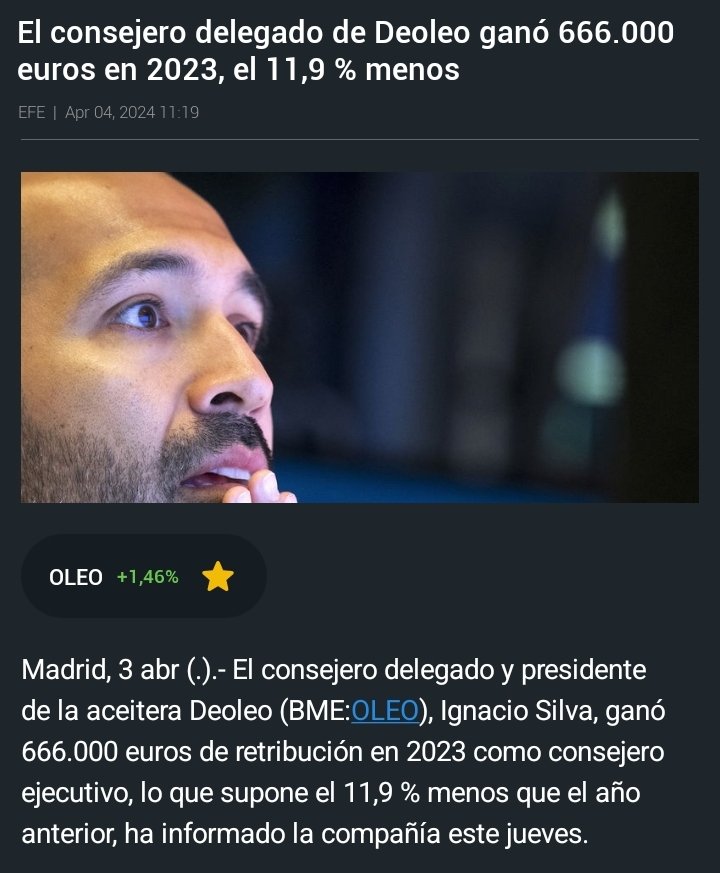 El consejero delegado de Deoleo ganó 666.000 euros en 2023.

666.000 €

Estos enfermos se cachondean de la gente cada puto día. 😂🤡