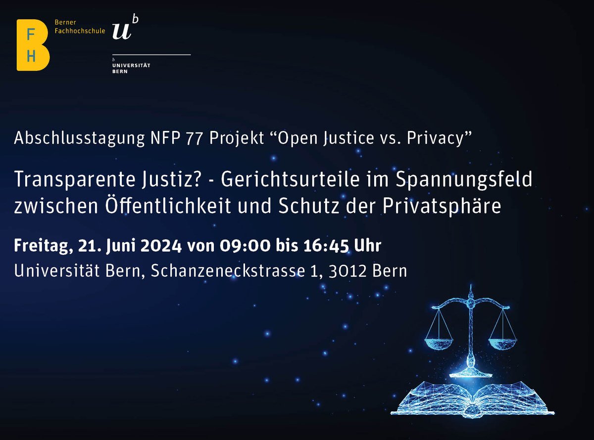 From our research: Final conference of the project 'Open justice vs. privacy'. A highlight will be the presentation by Dr Andreas Zünd, judge at the European Court of Human Rights (ECHR). tinyurl.com/29u43yaf #research #science #justice #pricacy #court #nrp77 @maemst
