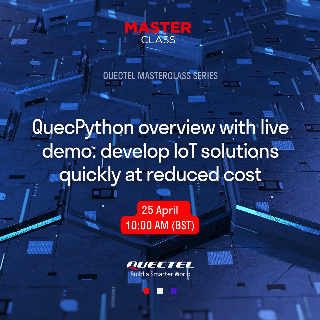 Mark your calendars for Leo Lin's session on 24 April, where you'll gain valuable insights into RF functionality. On 25 April, Radu Igret and Mehmet Cihangir will help you discover practical methods for efficient #IoT development with #QuecPython. ▶ quectel.com/masterclass-ev…