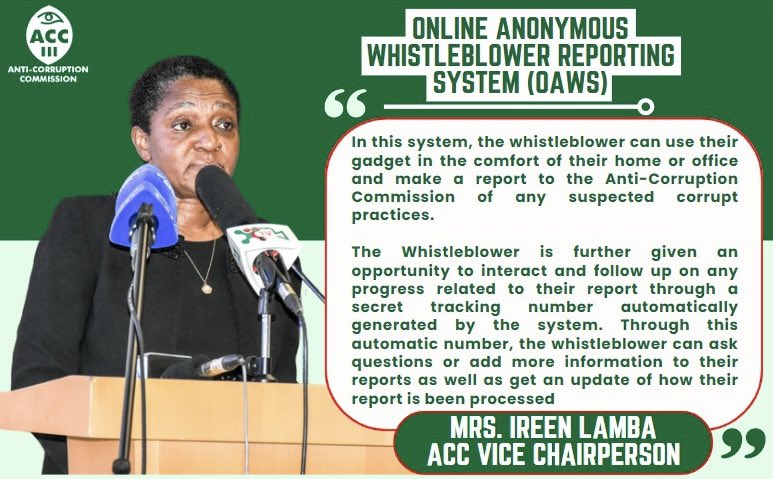 The Anti- Corruption Commission Zambia Vice Chairperson Mrs. Ireen Lamba, spoke during the launch of the Online Anonymous Whistleblowing Reporting System (OAWS). She stated: whistleblower.acc.gov.zm