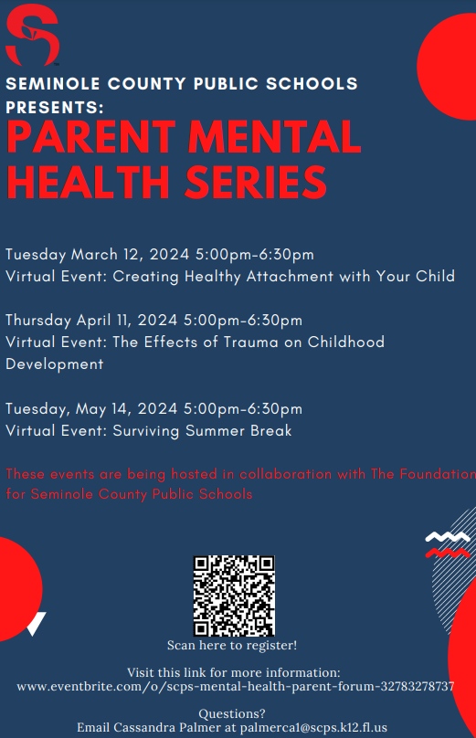 The SCPS District Mental Health Series has two sessions remaining. This is a valuable resource for parents to learn more about how to meet your student's mental health needs. See flyer for more details and dates.