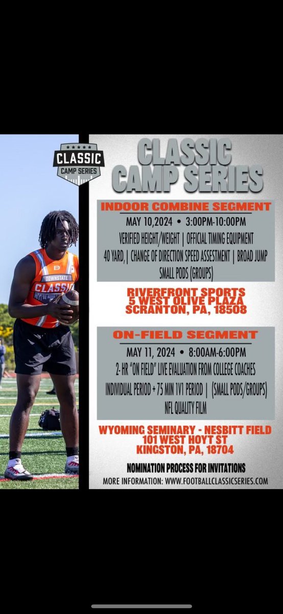 I will be attending the CLASSIC
CAMP SERIES 🚨🚨camp this may i can’t wait to show the coaches what I can do and go against the great competition 💪🏾💪🏾thank you for inviting me @BrianHawkins4 @Cedric_stevens5