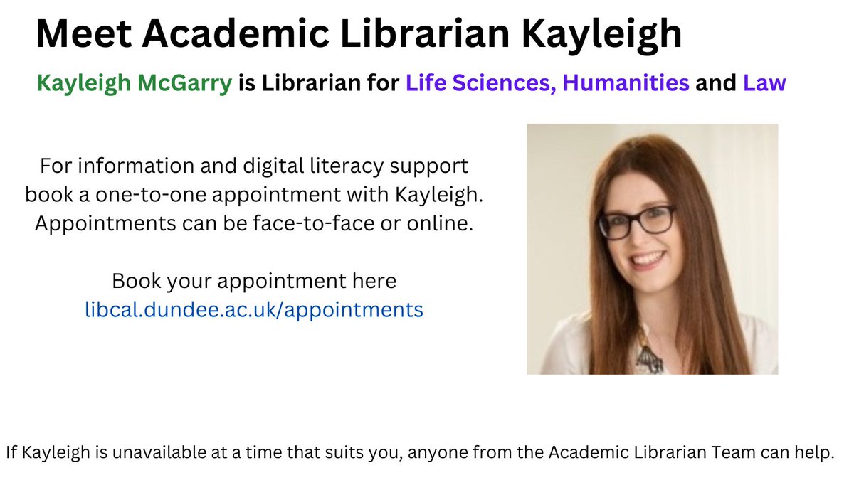 📚💻 Need academic help? Reach out to our Academic Librarian Team! 🌟From customised guidance to expert training, we're here for you. Book your appointment online at libcal.dundee.ac.uk/appointments or email LLC-AcademicLibrarian@dundee.ac.uk @UoDLifeSciences @HumanitiesUoD @LawDundee