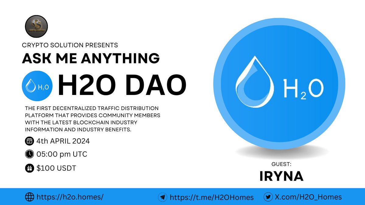 CryptoSolutionG's tweet image. 🔊 #TextAMA Crypto Solution Glad To Announce AMA with H2O DAO   

⏰ Date &amp;amp; Time: 04/04/24 AT 05PM UTC

💰Rewards Pool: $100 USDT

🏠Venue: t.me/CryptoSolution…

〽️Rules: 

1⃣ Follow @CryptosolutionG and @H2O_Homes

2⃣ Like &amp;amp; Retweete 

3⃣ Comment Questions &amp;amp; Tag 3 Friend