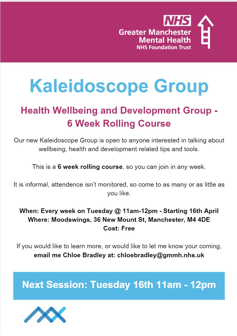 Are you interested in wellbeing, health and development? Our new weekly kaleidoscope could be right for you. We will be talking through different tips and tools related to wellbeing each week on Tuesdays @ 11am for 1 hour. Anyone is welcome @GMMH_NHS #Wellbeing #mcr