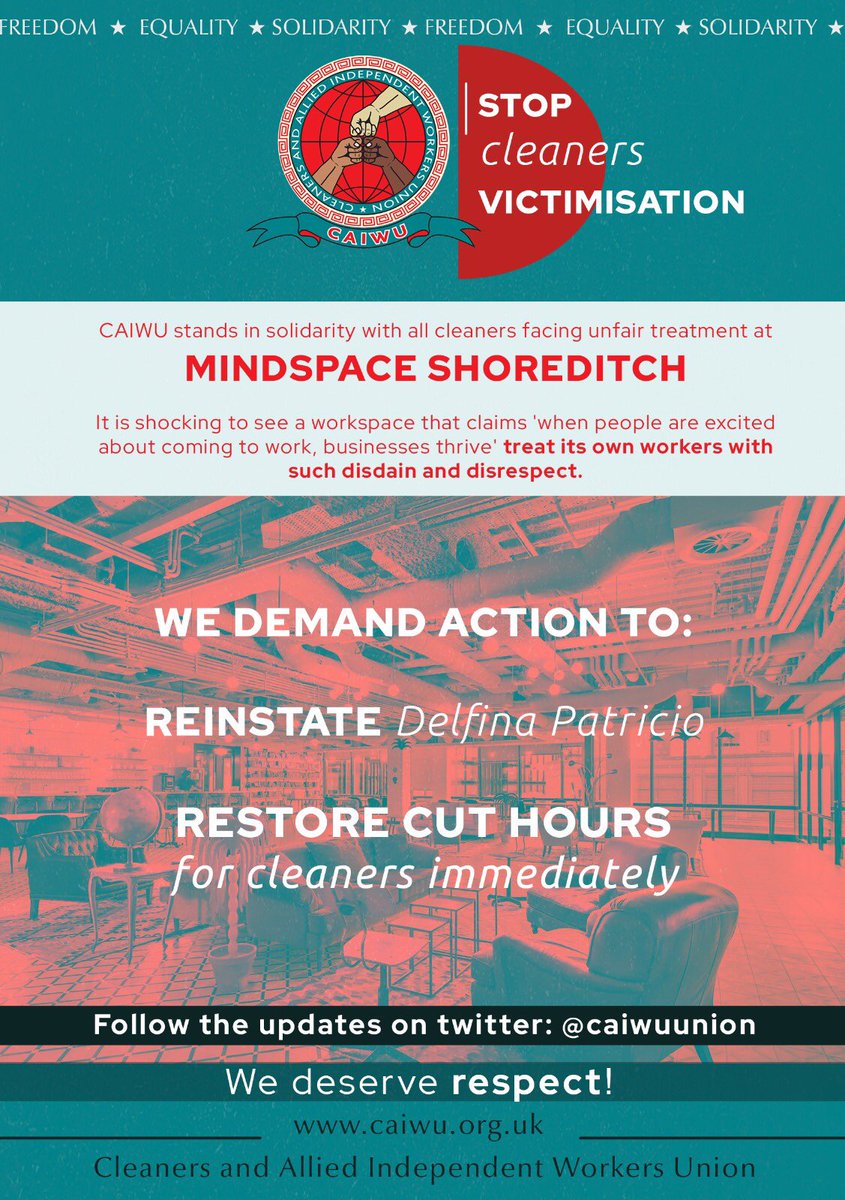 We stand with the cleaners at @MindspaceME - hiding behind outsourcing & allowing @KeyEnviro to victimise us in their premises. We call immediate action!   Join us at the demo to make our voices heard loud and clear: no more cuts.    📅 Friday April 5 ⏰1pm 📍Mindspace, EC2A 2AP