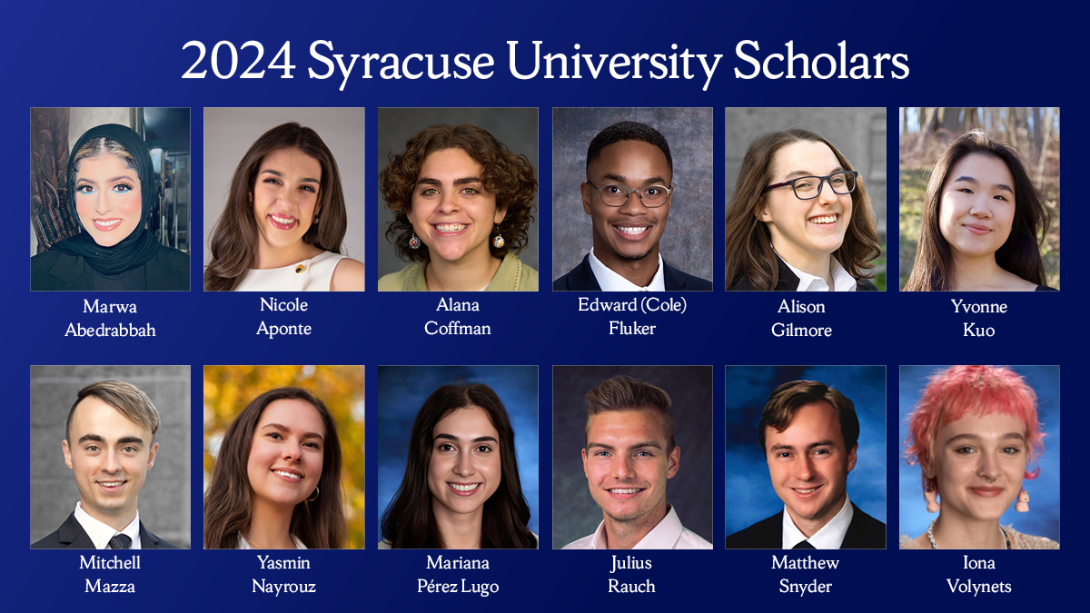 Congratulations to the 12 seniors who have been named the 2024 Syracuse University Scholars, the highest undergraduate honor the University bestows 🍊 Learn more: bit.ly/3PPwWv3