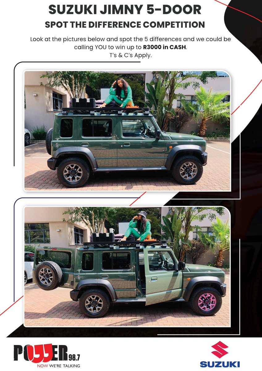 Sponsored Picture this, up to R3000 CASH could be all yours in the Suzuki Jimny 5-Door Spot the Difference competition. To play... 1. Look at the pictures below. 2. Spot 5 differences, and comment telling us the differences. 3. Use the hashtag #BornForMore. 4. Stay tuned to…