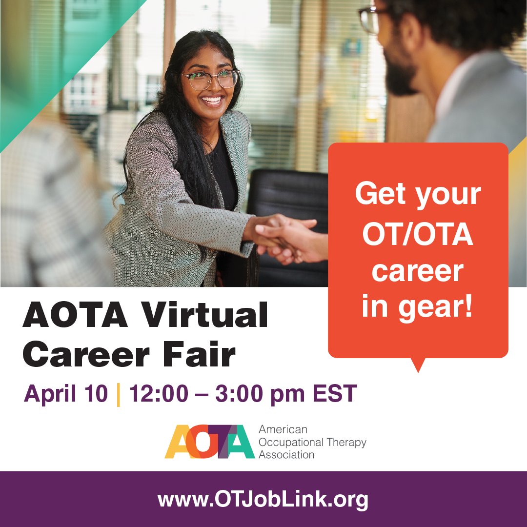 Making a #career pivot? Want to learn about new #OT jobs? Attend AOTA's Virtual Career Fair! Join us next Wednesday, April 10 at 12pm ET to connect with recruiters AND learn about specialty areas. Register now: bit.ly/3U08jy6