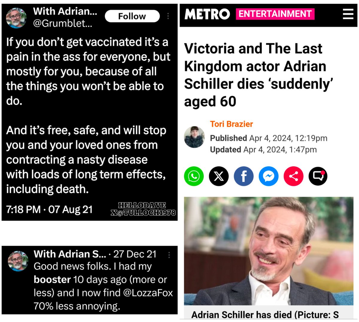 BBC Death in Paradise Actor Adrian Schiller died ‘suddenly’ age 60. 'Good news folks. I had my booster 10 days ago (more or less) and I now find @LozzaFox 70% less annoying.' metro.co.uk/2024/04/04/vic…