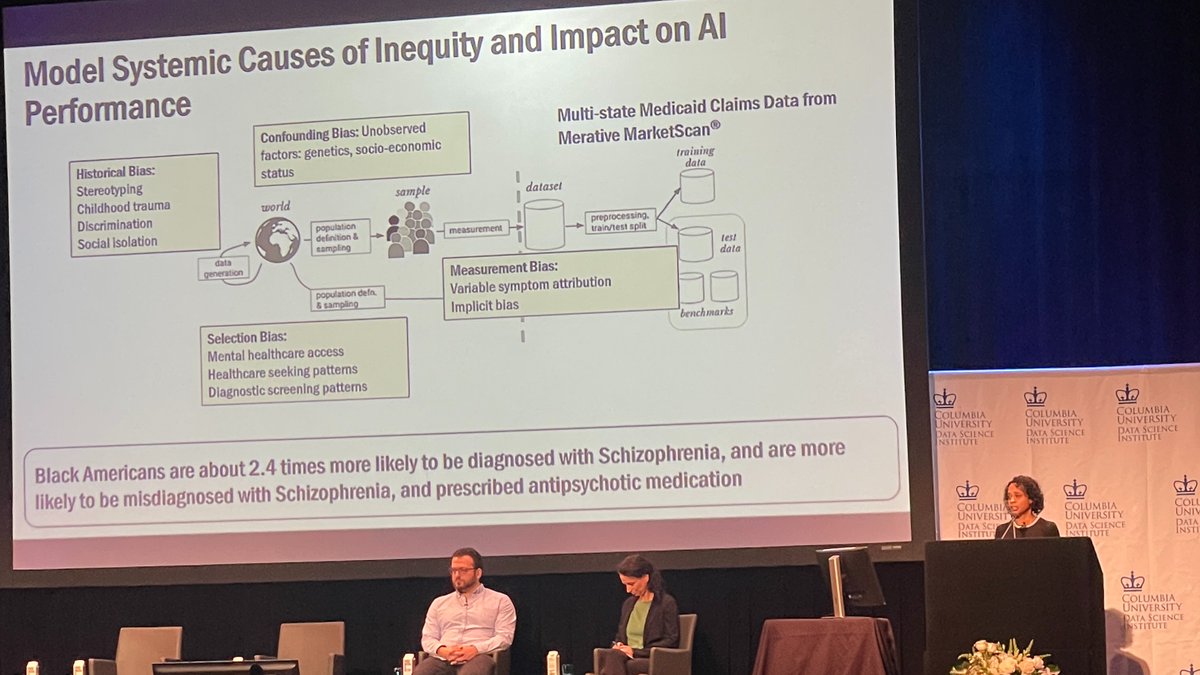 Shalmali Joshi, Assistant Professor @ColumbiaPS, is currently discussing the diagnostic disparities in psychiatry and proposes novel statistical tools for fairer outcomes. #AlgorithmicFairness #Psychiatry #DSD2024 @columbiascience @columbiapsychiatry