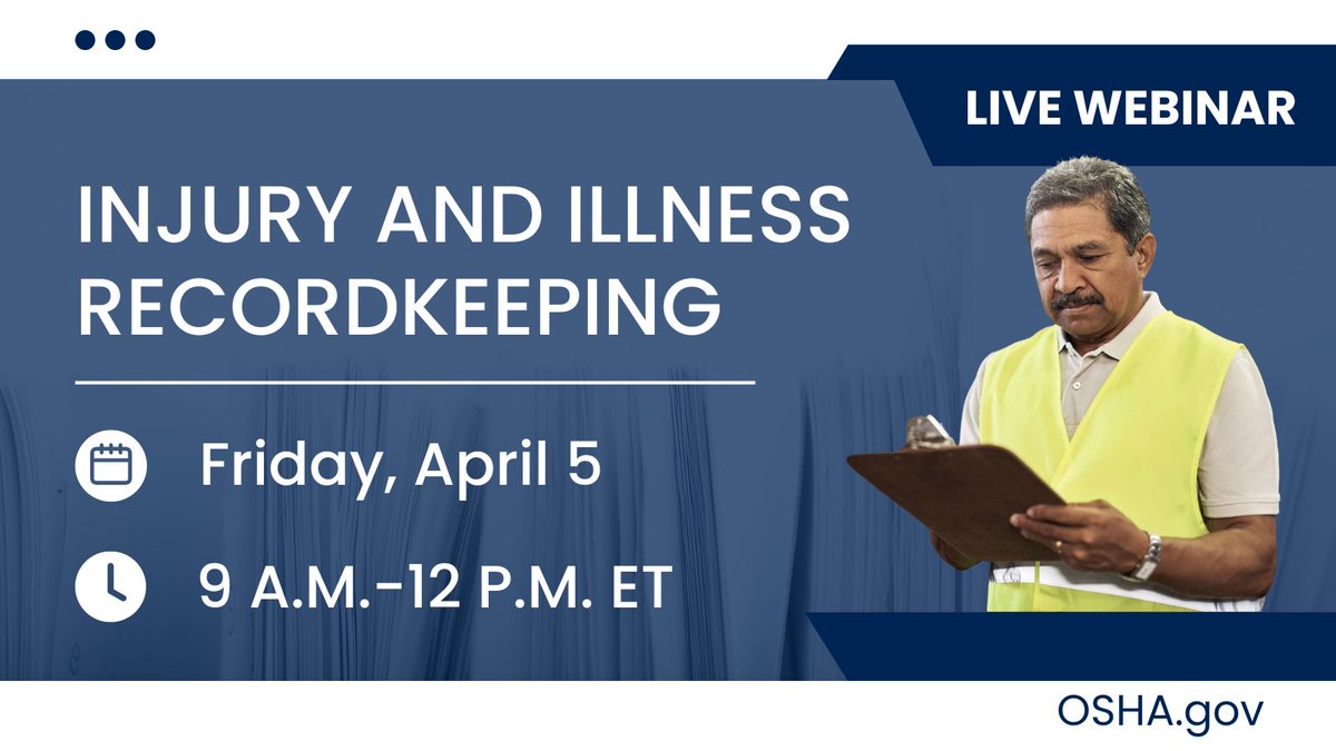 ⁉️ 🤔 Have questions about recordkeeping requirements? Join us for an in-depth conversation on OSHA's recordkeeping standard covering: 📑Recording requirements 📑Reporting fatalities and severe injuries 📑Electronic submissions Register here.👇 bit.ly/4a013Ie