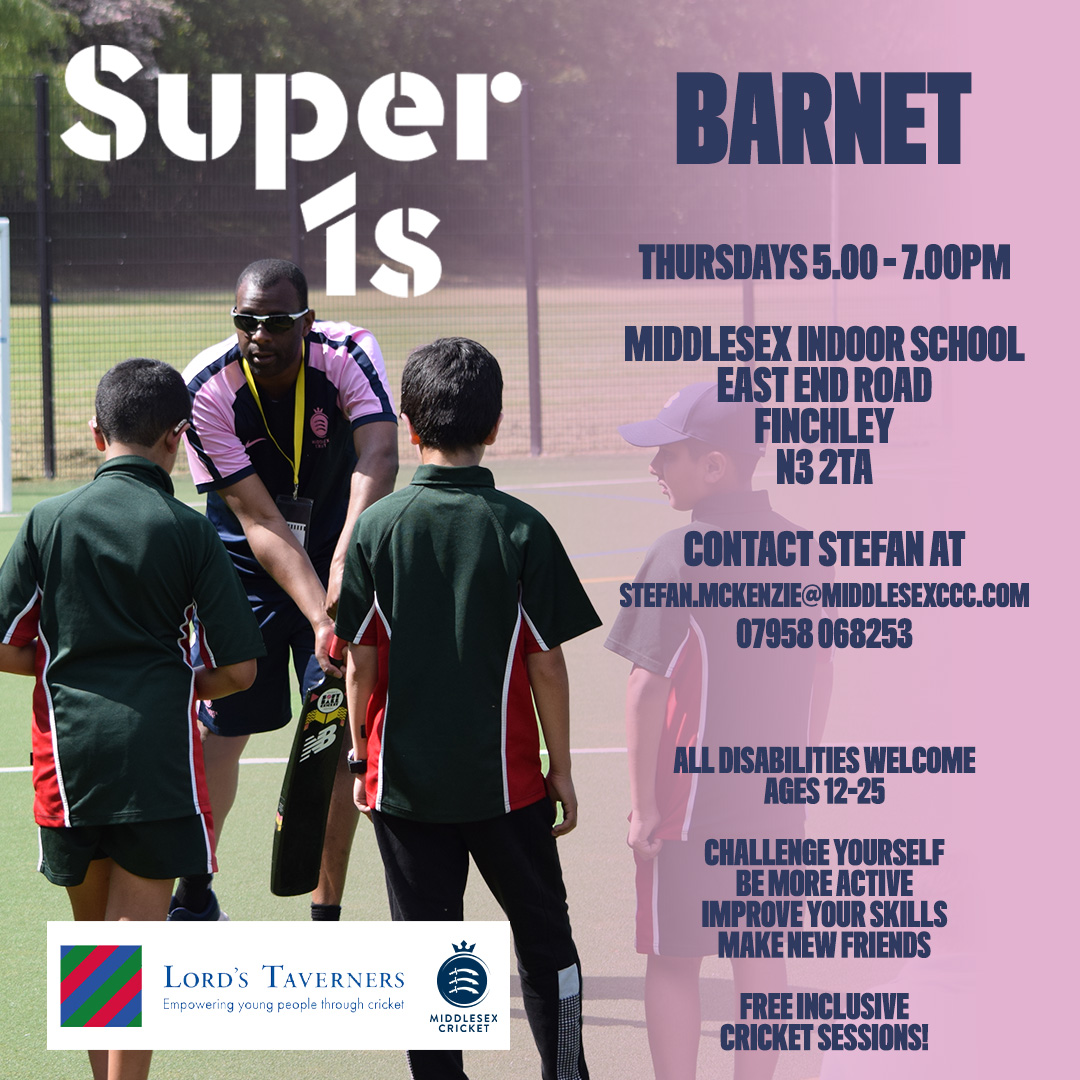 A new Super 1s hub is starting in May! 🏏 Barnet Super 1s Hub 📍 Middlesex Cricket Indoor School (N3 2TA) 🗓️ Thursdays 5-7pm 🧑 Aged 12-25, all disabilities welcome 💷 Free The first session will take place on 2 May #OneMiddlesex