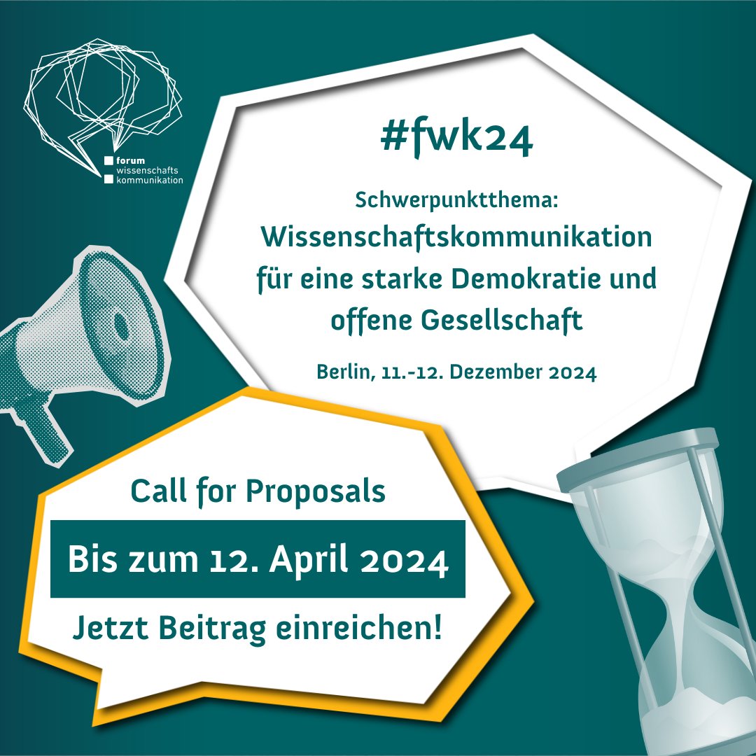 Noch bis zum 12. April können Beiträge für das #fwk24 eingereicht werden. Nutzt die Chance, das Treffen der #Wisskomm-Community mit euren Sessions, Kurzvorträgen und interaktiven Formaten mitzugestalten. Wir freuen uns auf eure Ideen! 🔜 wissenschaft-im-dialog.de/forum-wissensc… #CallForProposals