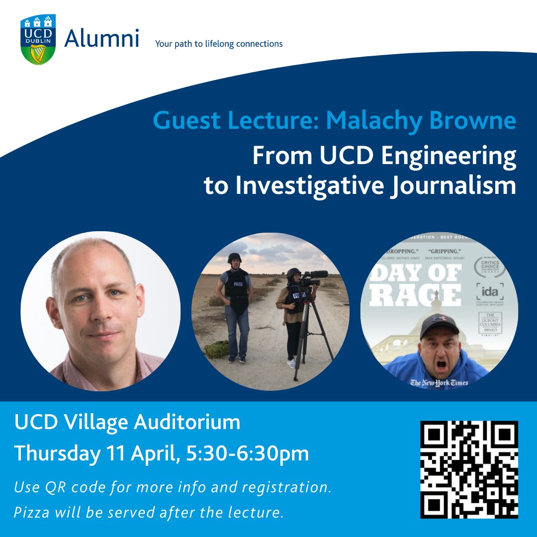 We are delighted to invite you to a guest lecture by UCD Engineering graduate Malachy Browne, Pulitzer Prize-winning journalist with The New York Times. 📍UCD Village Auditorium ⏲️Thursday 11 April 2024, 5.30-6.30pm ®️ Registration here: docs.google.com/forms/d/e/1FAI… @UCDALUMNI