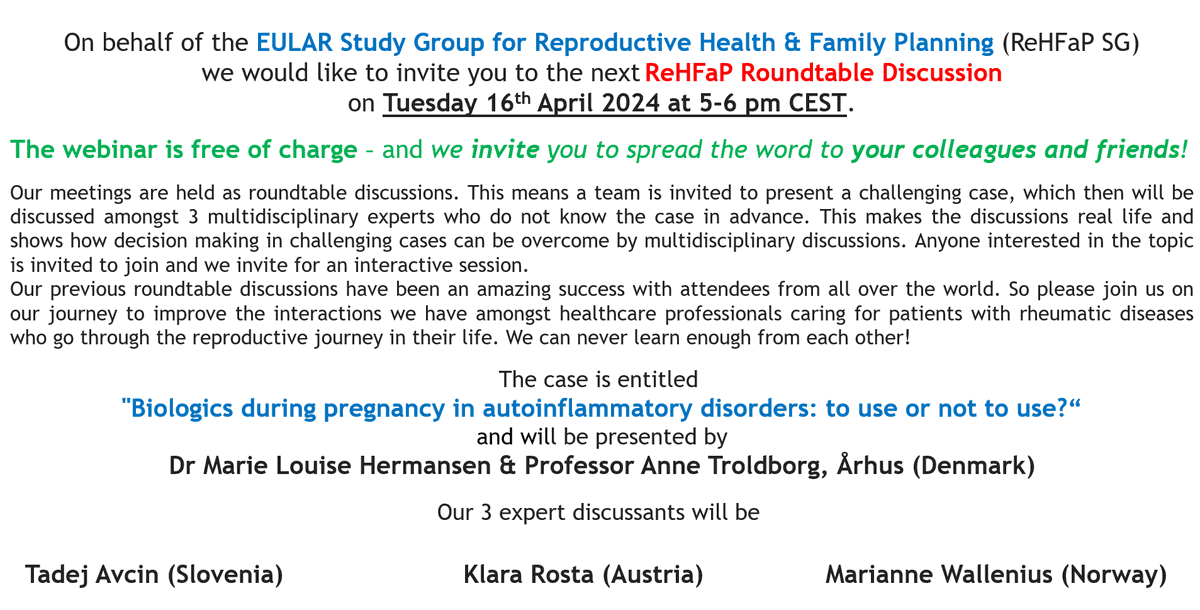 Laura Andreoli (@lauraandreoli80) on Twitter photo 🤰"#Biologics during #pregnancy in #autoinflammatorydisorders: to use or not to use?"🔥
📷Join this intriguing online Roundtable Case Discussion on Tue 16th April 2024 at 5-6 pm CEST
🔗Link: syddanskuni.zoom.us/j/68594090931?…
More info 👇
<a href="/KarenS_LDN/">Karen Schreiber</a> <a href="/TroldborgAnne/">Anne Troldborg</a> <a href="/TadejAvcin/">Tadej Avcin</a> 🤰"#Biologics during #pregnancy in #autoinflammatorydisorders: to use or not to use?"🔥
📷Join this intriguing online Roundtable Case Discussion on Tue 16th April 2024 at 5-6 pm CEST
🔗Link: syddanskuni.zoom.us/j/68594090931?…
More info 👇
<a href="/KarenS_LDN/">Karen Schreiber</a> <a href="/TroldborgAnne/">Anne Troldborg</a> <a href="/TadejAvcin/">Tadej Avcin</a>