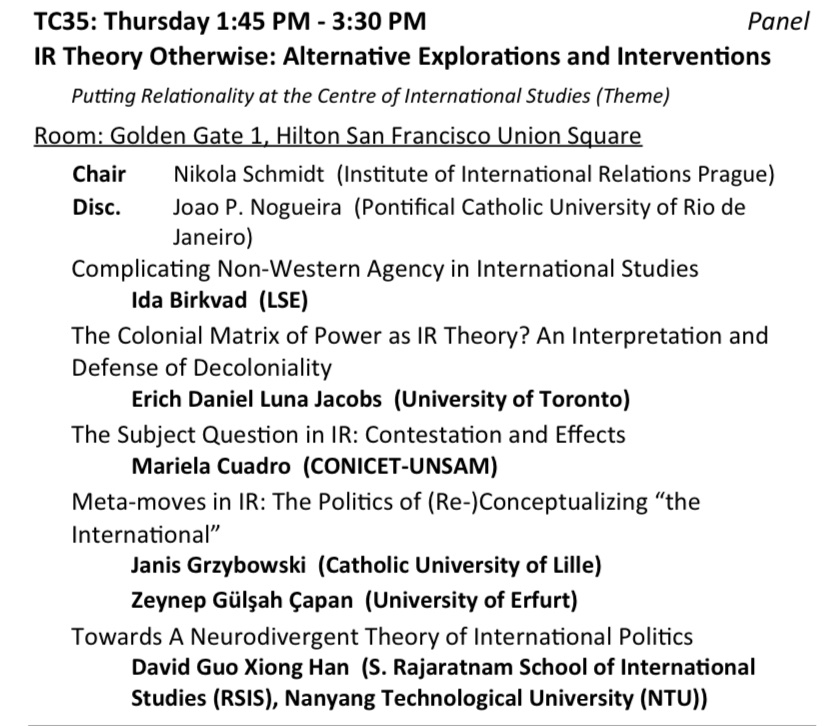 Very excited to talk about romantic authoritarianism, standpoint epistemology, and theorisations of non-western agency today at #ISA2024 - and to be on the same panel as my favourite @_ZGC. Stop by if you’re around!