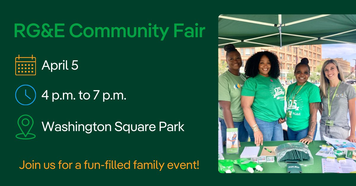 We’re having a party and you’re invited! 🥳👨‍👩‍👧‍👦Join us at our free Community Fair, Friday, April 5, 4-7 p.m. at Washington Square Park in Rochester. There'll be fun for all, including free food 🍕, games. electrical demos, and live music 🎶 as we kick off Earth Month🌎.