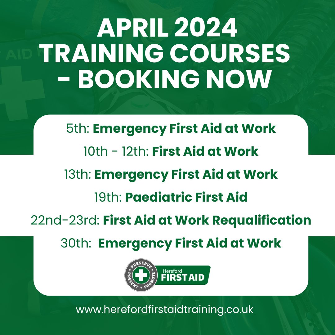 April 2024 Training dates are now available to book. To get yourself on one of these #HFA courses, just visit our website or give us a call. herefordfirstaidtraining.co.uk #AprilTraining #FirstAidTraining