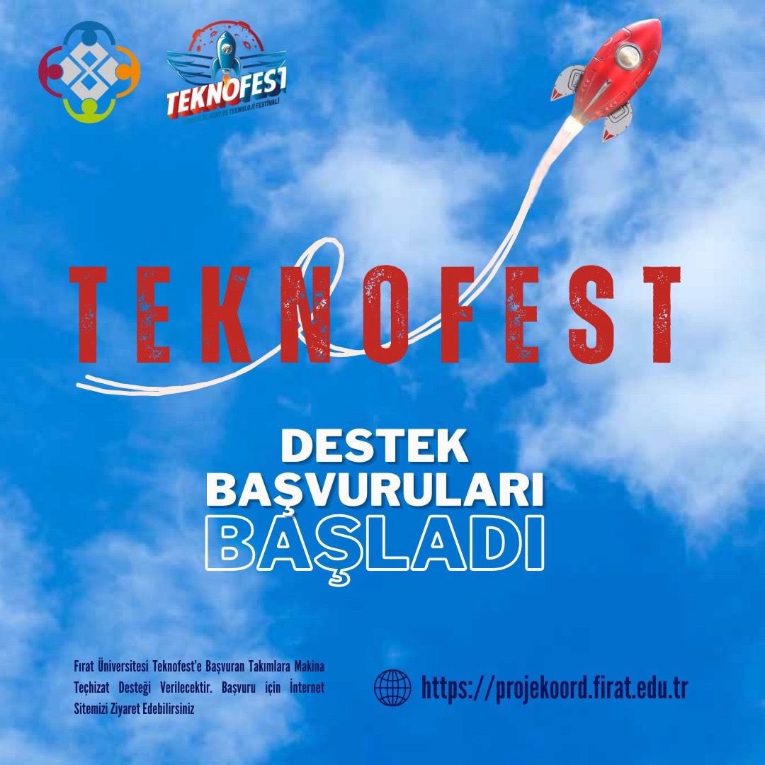 Üniversitemizden Teknofest 2024 yarışmalarına başvuru yapan takımlarımıza makine teçhizat desteği sağlanacaktır. Destek başvurusunda bulunacak takımlar için son gün 15 Nisan Pazartesi Ayrıntılı bilgi⬇️ projekoord.firat.edu.tr/page/9799