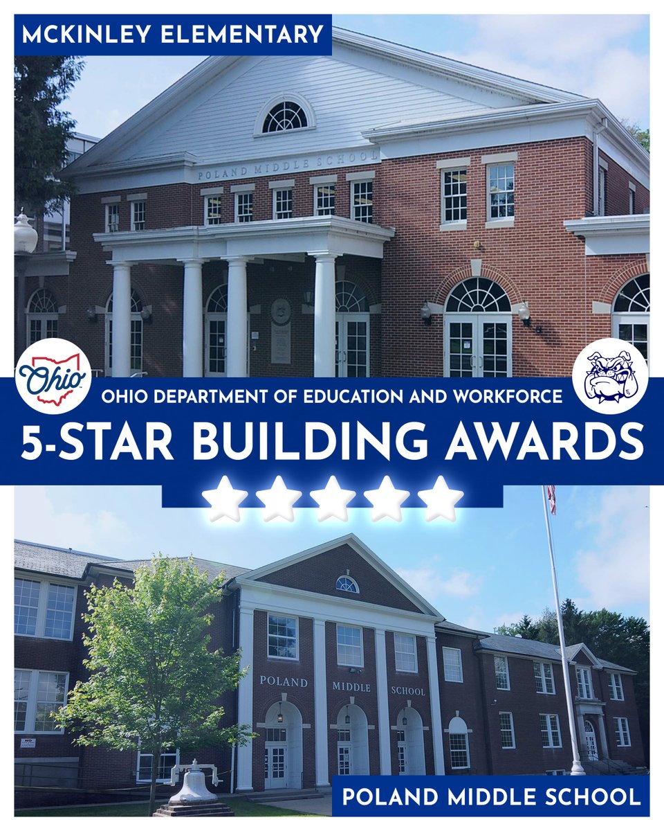 Poland McKinley Elementary &amp; Poland Middle School received Overall 5-Star Building Awards from the Ohio Department of Education and Workforce! Congratulations to the students, teachers, staff, and administrators on their achievement! polandbulldogs.com/post/~board/di…
