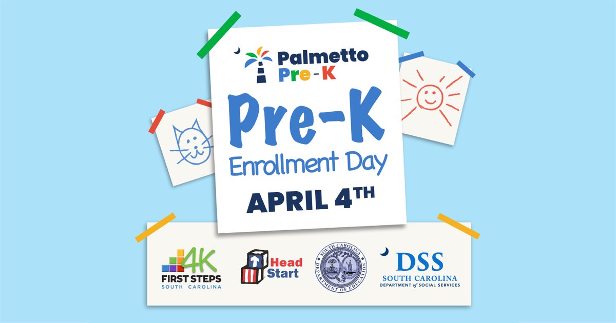 It's Palmetto Pre-K Enrollment Day! 🎉 We're thrilled to stand alongside partners and educators across the state to celebrate the importance of preschool education. Read the press release here: bit.ly/3PNyDsK

@SC_DSS @EducationSC #HeadStart #FirstSteps4K