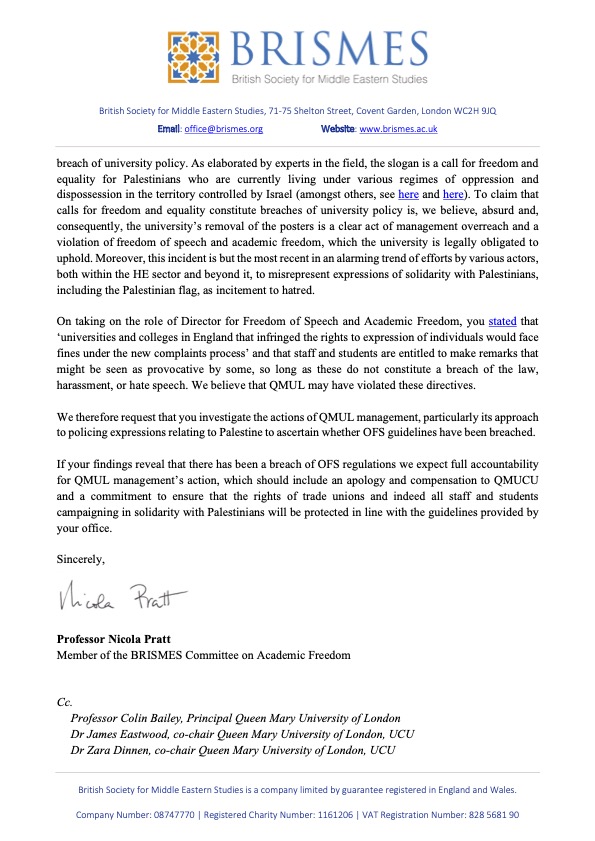 Grateful to @OfficialBrismes for requesting the @officestudents's to Director for Freedom of Speech & Academic Freedom investigates management's break in into our office & removing our #CeasefireNOW posters. qmucu.files.wordpress.com/2024/04/brisme…