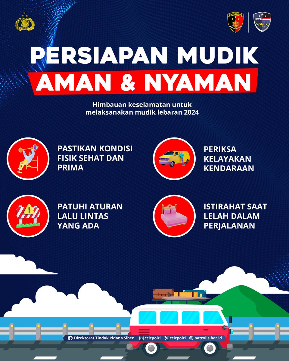 Persiapan Mudik Lebaran Aman & Nyaman 🚐 • Pastikan kondisi fisik sehat & prima • Periksa kelayakan kendaraan • Patuhi aturan lalu lintas yang ada • Istirahat saat lelah dalam perjalanan #PolriPresisi #SalamPresisi #MudikLebaran2024